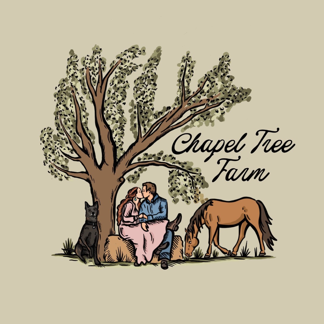 Chapel Tree Farm dog boarding logo: a couple under a big tree with their dog and horse